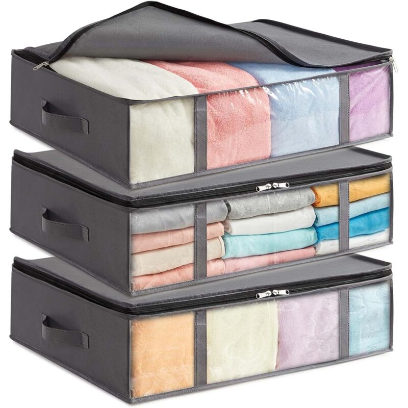 Pack de 3, Bacs de Rangement sous Le Lit, Sacs de Rangement Pliables pour Vêtements avec Fenêtre Transparente, Organisateurs de Placards pour