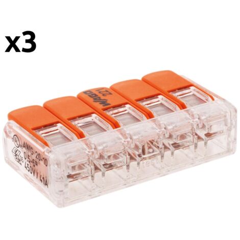 Pack de 3 bornes de connexion rapide à levier WAGO 5 entrées fil souple et rigide - S221