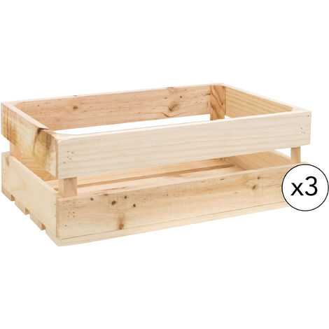 Pack de 3 cajas de madera maciza en tono natural de 49x30,5x17,5cm