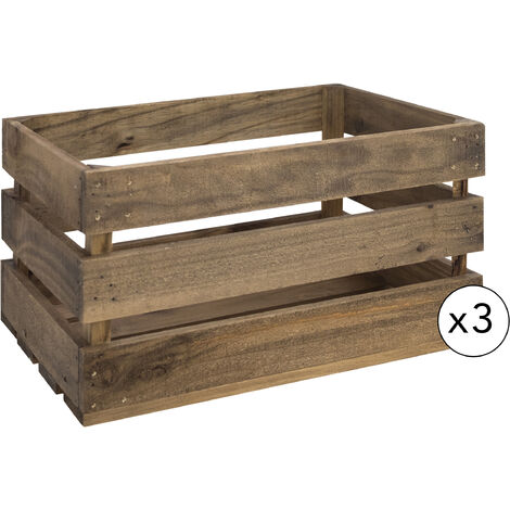 Pack de 3 cajas de madera maciza en tono roble oscuro de 49x30,5x25,5cm