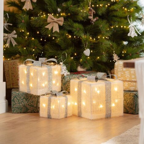 Pack de 3 Cajas Regalo de Navidad LED Ribbon Plata