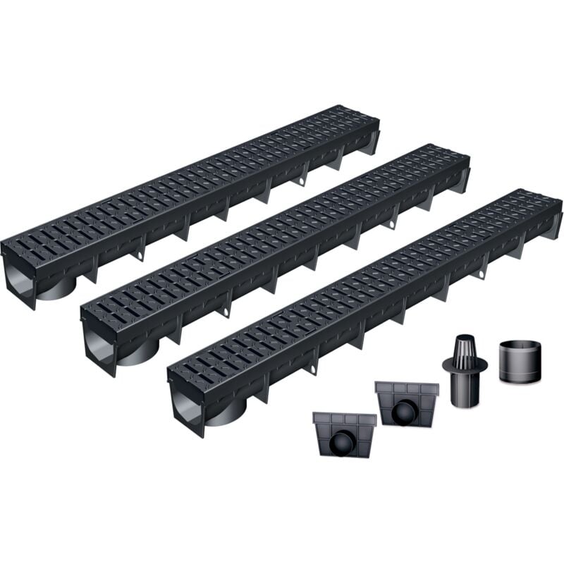 MEA - Pack de 3 : Caniveau Extérieur avec Grille passerelle Polyamide Classe B125 park - Caniveaux pour Terrasse, Piscine, Jardin -Largeur Utile 10cm