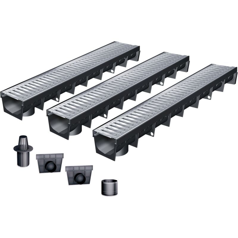 Pack de 3 : Caniveau Extérieur avec Grille en Acier Galvanisé Classe A15 MEAPARK - Caniveaux pour Terrasse, Piscine, Jardin - Largeur Utile 10cm