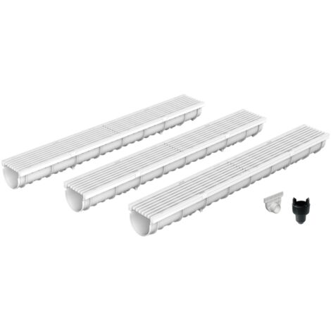 Pack de 3 Caniveaux extérieurs avec grille à fentes longitudinales en plastique recyclé grises DECOLINE - Système De Drainage MEA pour terrasse, piscine, jardin - Largeur utile 10cm – passage piéton