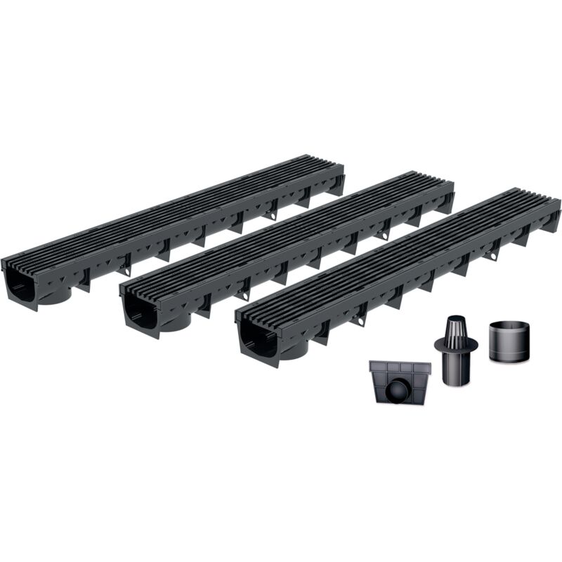 MEA - Pack de 3 : Caniveau extérieur avec Grille en Plastique recyclé Noir park - Caniveaux pour terrasse, Piscine, Jardin - Largeur utile 10cm –