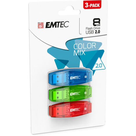 Pack de 3 clés USB 8Go EMTEC C410 - Rouge, vert et bleu (ECMMD8GC410P3CB)