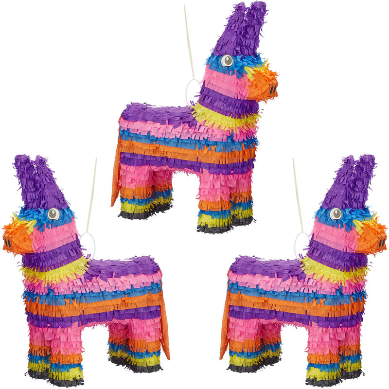 

3 Piñatas Infantiles Burro Arcoíris, de Papel, para Colgar, Niños y Niñas, Cumpleaños, 55 x 40 x 13 cm, Multicolor