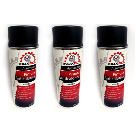 Pack de 3 sprays de pintura anticalórica negro 800°C 400 ml, resistente a altas temperaturas, ideal para tubos de escape, motores y estufas.