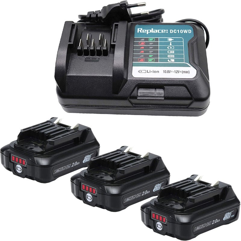 Powerwings - pack de 4) 3X Batteries+Chargeur pour Makita 12 v 2,0 Ah BL1021B BL1016 Bl1041B Batterie Li-ION DF031D DF0331D TD110D JR103D JR105D