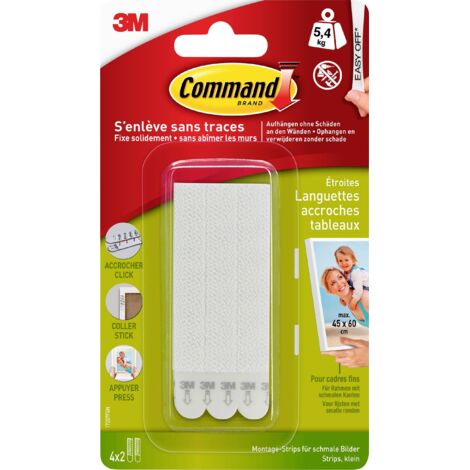 Languettes adhésives étroites pour tableaux – Charge maximale 5,4 kg – Lot de 8 – Pour surfaces variées sans traces – Command