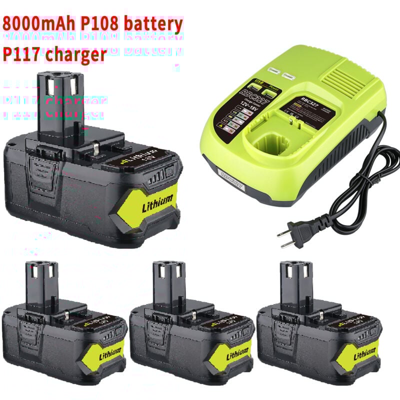 Pack de 4 batteries P108 8,0 Ah et chargeur pour batteries Ryobi 18 v P108, P102, P104, P105, P107, P109, P122 avec chargeur P117, batteries 18 v et