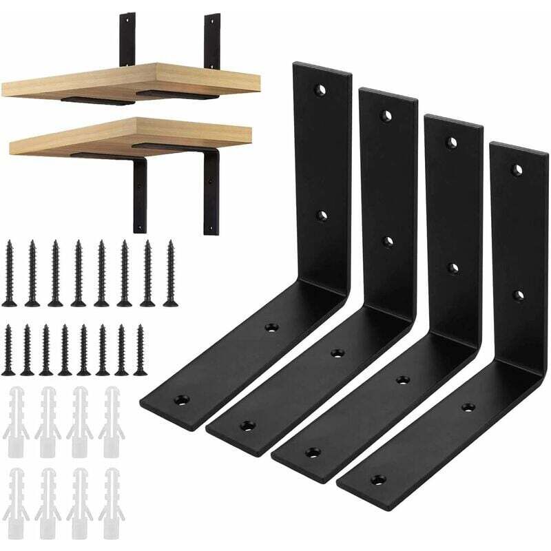 Pack de 4 Équerre Étagère de Fixation noir 150x150x38x5mm Support d'étagère Murale avec 16pcs vis