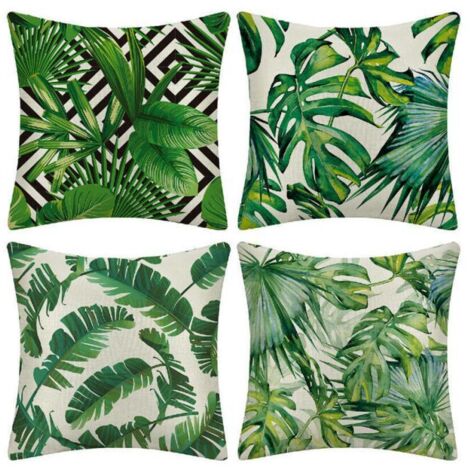 Pack de 4 fundas de cojín impermeables para sofá con estampado de plantas tropicales verdes para patio, jardín, salón, dormitorio, decoración, 45 x 45 cm - Plantas tropicales