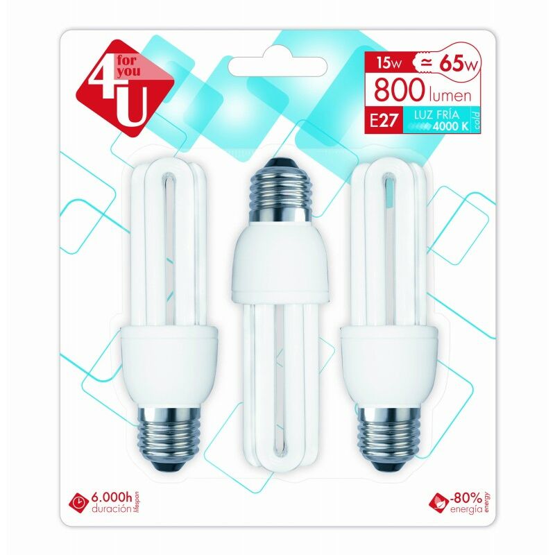 

Pack de 4 4U Lighting, Blister de 3 Bombillas STICK T3 3U 15W E27 800 lúmenes 4.000K - Garza