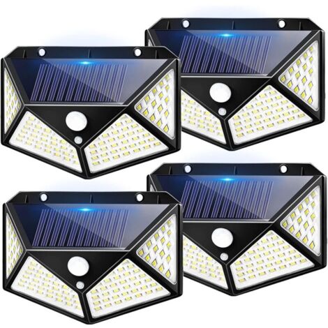 Pack de 4 lampes solaires extérieures 100 LED – Éclairage 1600 lumens – Angle 270° – Détecteur de mouvement jusqu'à 5m – Étanchéité IP65