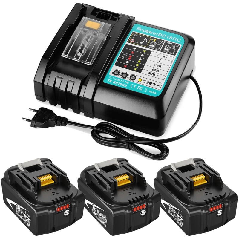 Powerwings - pack de 4) Lot de 3 Batteries de Rechange Makita 18 v 5,5 Ah pour Makita BL1860B + Chargeur 3 a pour DC18RCT DC18RA pour Makita BL1860B