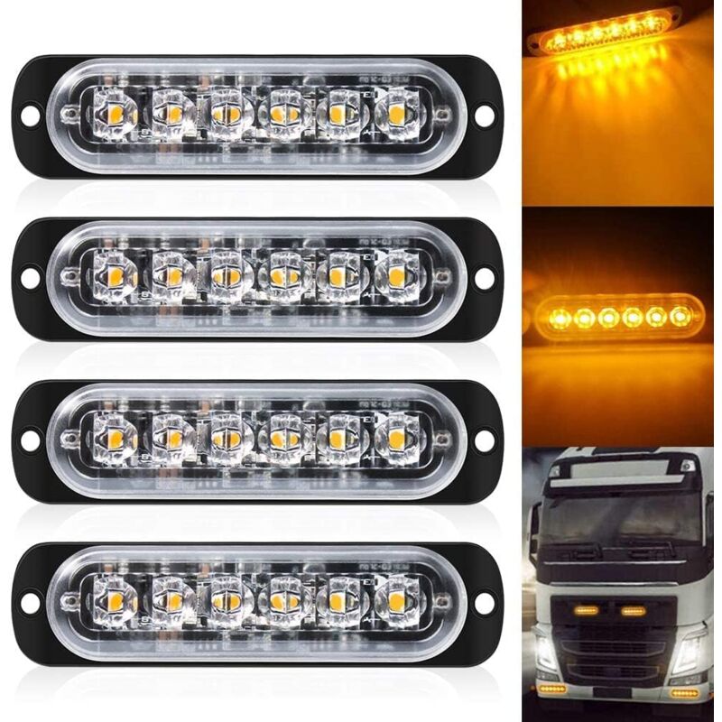 Pack de 4 - Lumière stroboscopique ultra mince ambre à 6 LED - Barre lumineuse à LED Mini barre lumineuse d'urgence 18 Mode clignotant 12V-24V pour