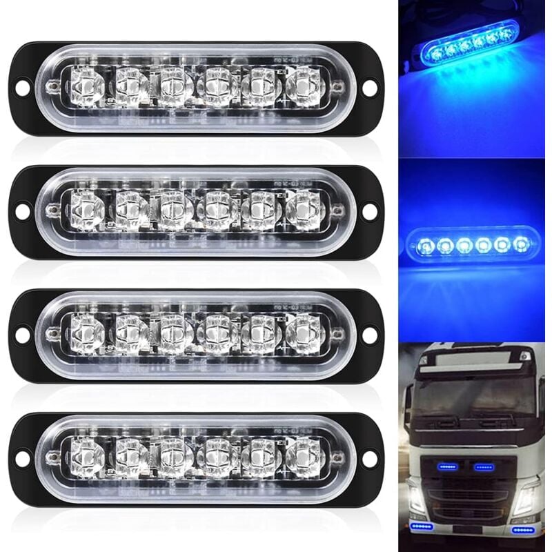 Pack de 4 - Lumière stroboscopique ultra mince Bleu à 6 led - Barre lumineuse à led Mini barre lumineuse d'urgence 18 Mode clignotant 12V-24V pour