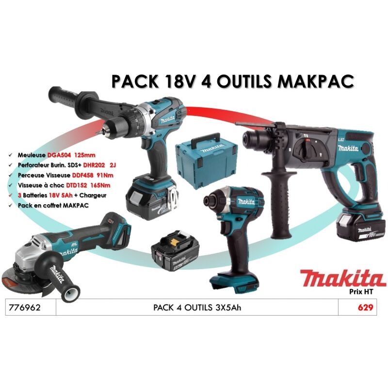 Pack de 4 outils Makita 18 v DDF458DTD152DHR202DGA504 3 batteries 5 Ah makpac