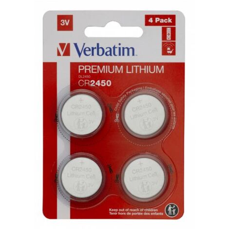 Pack de 4 piles bouton lithium CR2450 3V 580mAh – Pour montre, clé de voiture, télécommande, appareil photo, jouets – Non rechargeable – Verbatim