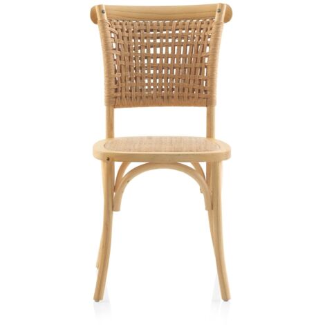 Pack de 4 sillas de madera de olmo con asiento y respaldo trenzados.
