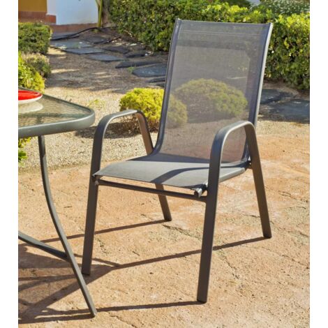 Pack de 4 sillones apilables terraza jardín Sulam-3 acero /textilen gris antracita, 94cm(alto) 54cm(ancho) 84cm(fondo)