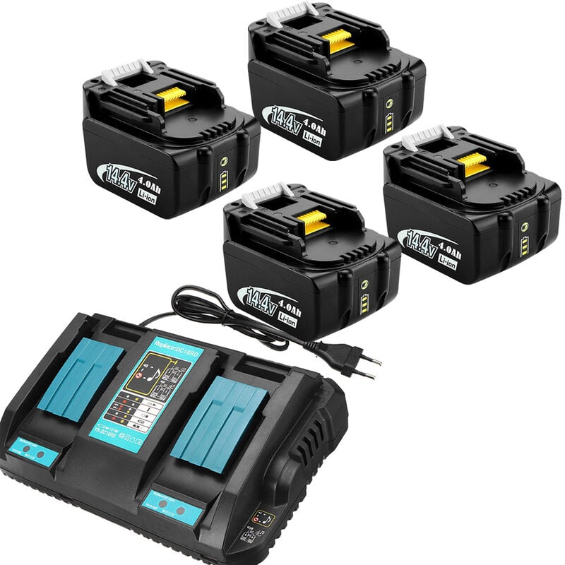Pack de 5) 4X Batterie 14.4V 4000mAh Pour Makita BL1430 BL1440BN BL1440B BL1440B BL1450B+ Chargeur à deux ports 4A DC18RD 18V 14,4V pour Makita 14,4V