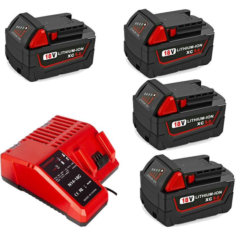 Pack de 5) 4X Batterie 18 v 5,0 Ah M18B5 avec chargeur pour Milwaukee M18, M18BX, M18B4, M18 xc, M18B9, 48-11-1828, 48-11-1840