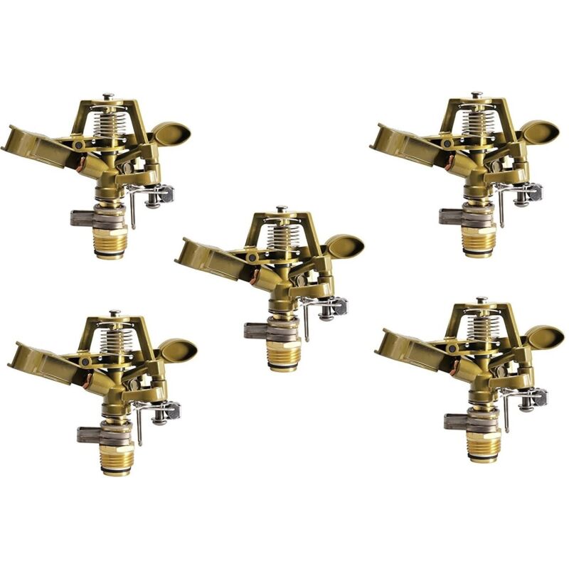 Pack de 5 arroseurs d'irrigation réglables en laiton zingué 1/2'. Portée 12 à 15m. Débit 9 à 20 litres/minute Offre exclusive