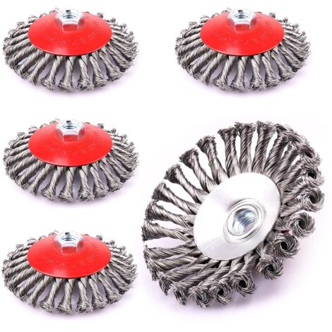 Pack de 5 cepillos cónicos para amoladoras angulares - Diámetro: 125 mm - Rosca M14 x 2 - Fabricados en alambre de acero HSS ondulado - Para pintura, soldaduras de óxido, oxidación - Limpieza y elimin