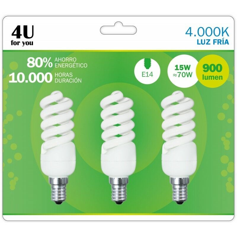 

Pack de 5 4U Lighting - 3 Bombillas Fluorescente Espiral 15W E14 900 Lúmenes 4000K - Garza
