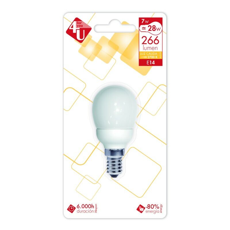 

Pack de 5 4U Lighting - Bombilla ECO Esférica T2 7W E14 266 Lúmenes 2.700K - Garza