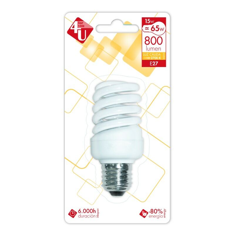 

Pack de 5 4U Lighting -Bombilla ECO Espiral T2 15W E27 800 lúmenes 2.700K - Garza