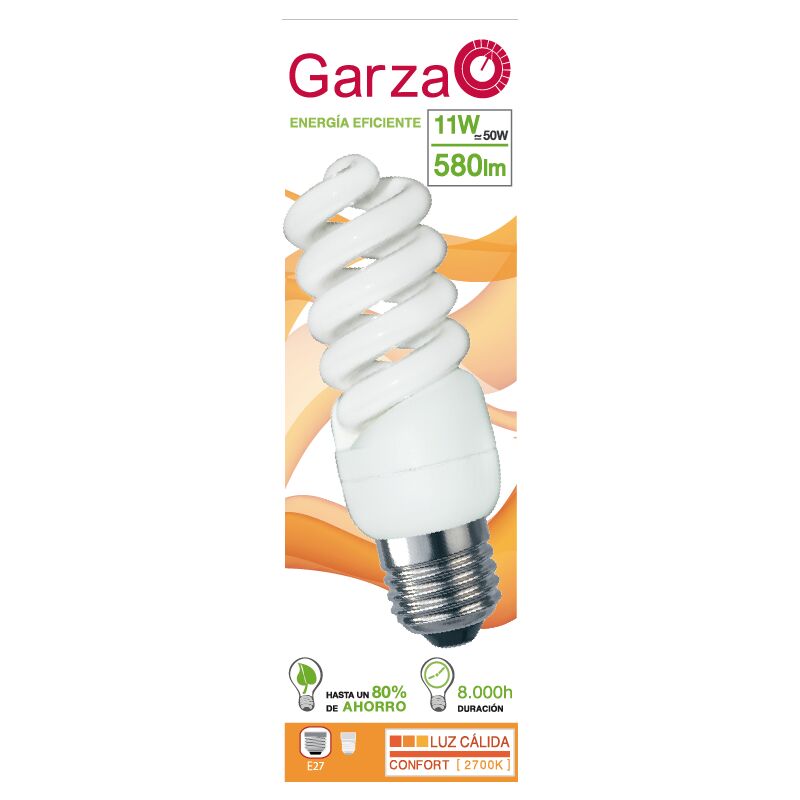 

Pack de 5 Lighting - Bombilla Espiral Luz Cálida T2 11W E27 580 Lúmenes 2.700K - Garza