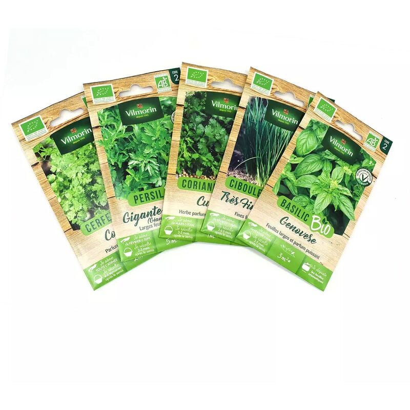 Pack de 5 sachets graines aromatiques bio : Basilic - Ciboulette -Coriandre - Persil - Cerfeuil
