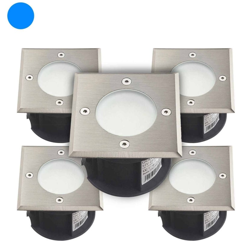 Pack de 5 Supports Spots Encastrables Sol Bleu 1,5W 110lm DC12V Étanche IP67 Carré - perçage 85mm Diffuseur Dépoli