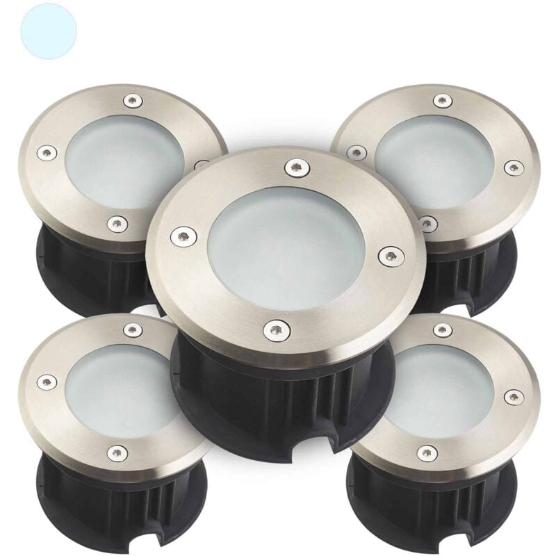 Leclubled - Pack de 5 Supports Spots Encastrables Sol Blanc du Jour 6500K 2W AC220-240V Étanche IP67 Rond - perçage 85mm Diffuseur Dépoli