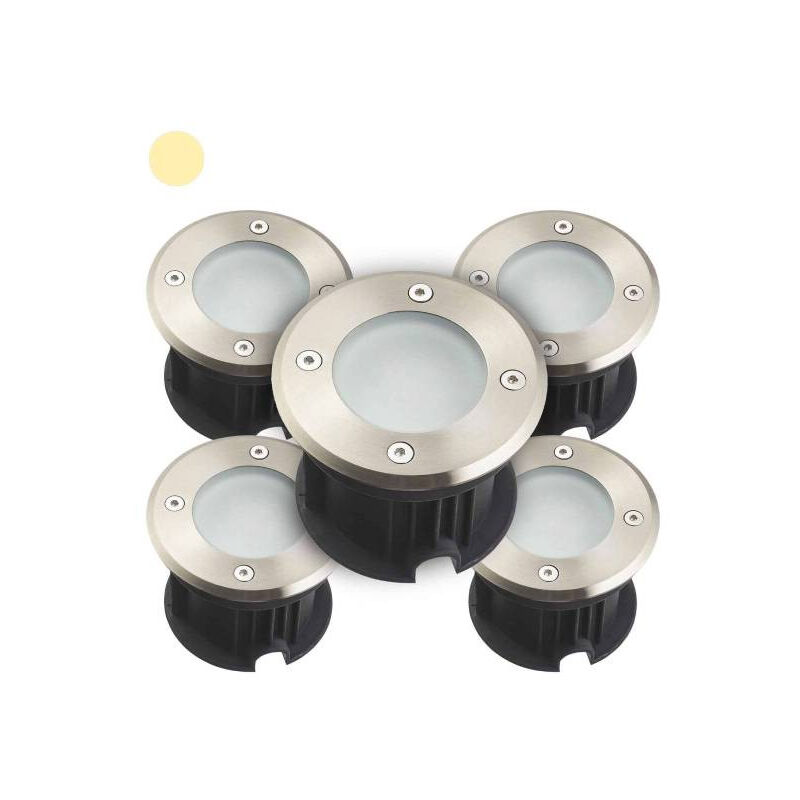 Pack de 5 Supports Spots Encastrables Sol AC220-240V Blanc Chaud 2800-3200K 2W Étanche IP67 Rond - perçage 85mm Diffuseur Dépoli