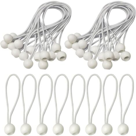 Pack de 50 tensores de bolas, pelota elástica bungee, cuerdas elásticas, gomas para bolas, tensores elásticos, cuerda elástica para lonas, color blanco