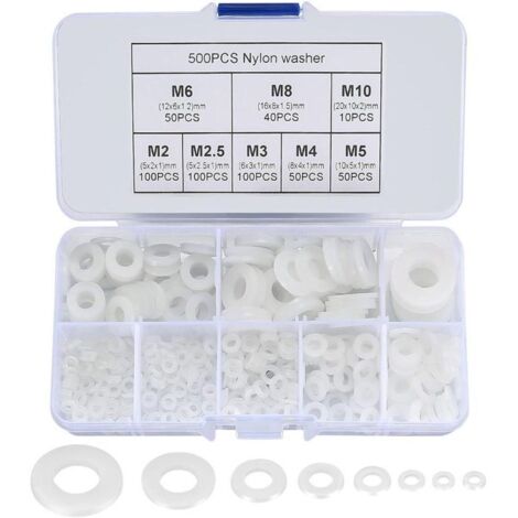 Pack de 500 rondelles plates en nylon – 8 tailles M2 à M10 – Isolation thermique et résistance à la corrosion – Boîte de rangement incluse
