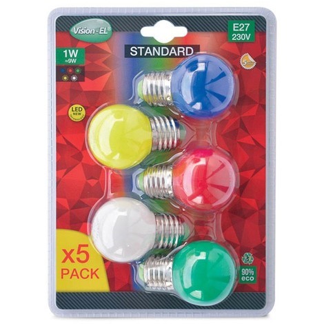 Pack de 5x Ampoules LED E27 1W Couleurs non-dimmable