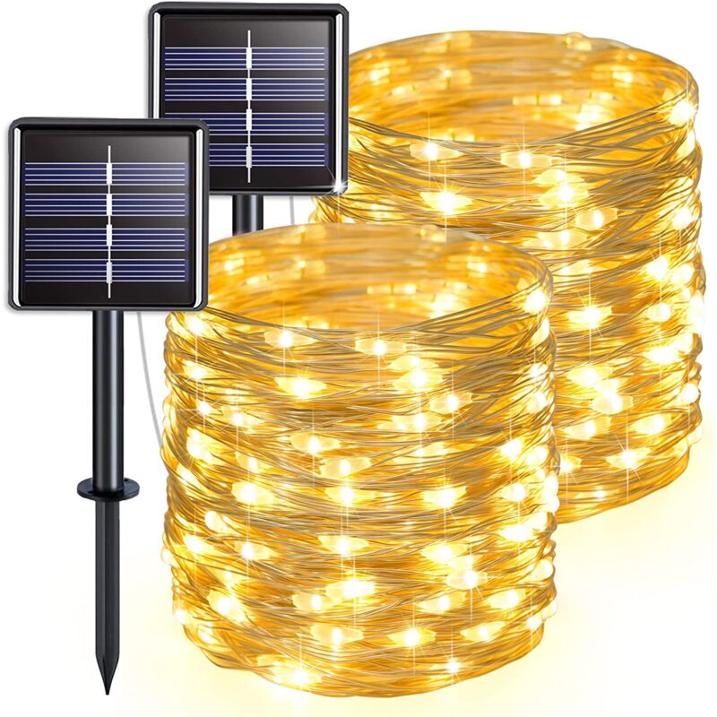 Pack de 2 lumières de chaîne solaires, 150 LED 15m 8 modes solaire Fairy Tale Light, extérieur imperméable à l'eau, décoration de Noël (blanc chaud)