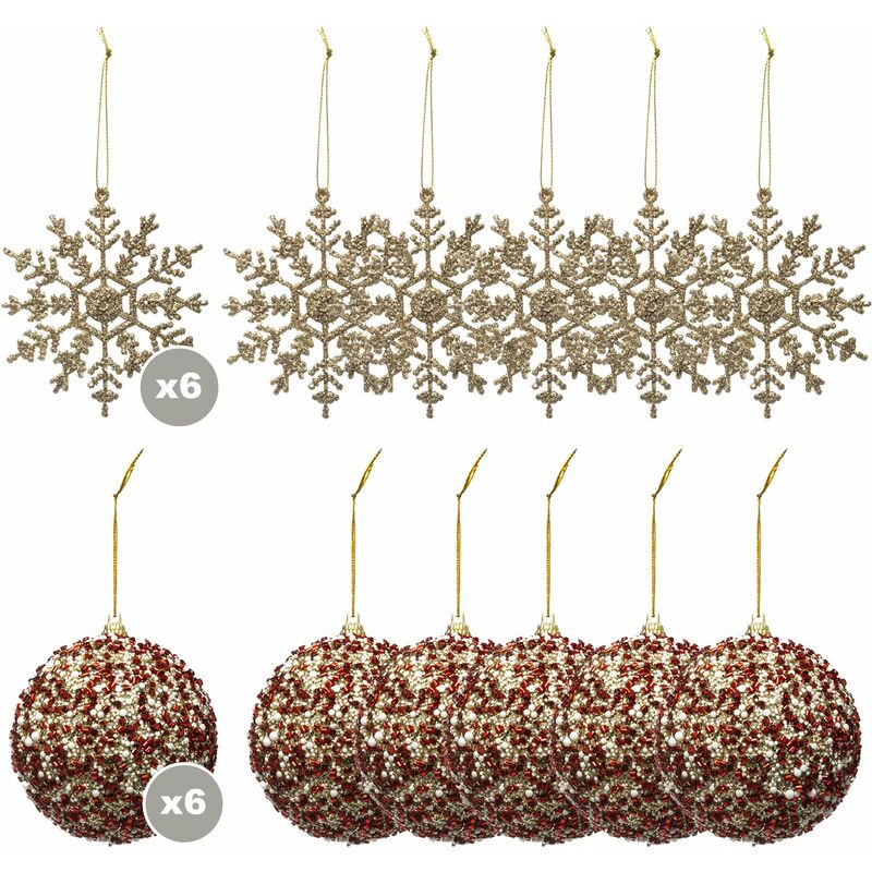 

Wellhome - Pack de 6 bolas Navidad blanca, roja y dorada + 6 adornos navideños escamas doradas