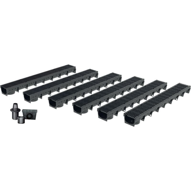 MEA - Pack de 6 : Caniveau extérieur avec Grille en Plastique recyclé Noir park - Caniveaux pour terrasse, Piscine, Jardin - Largeur utile 10cm –