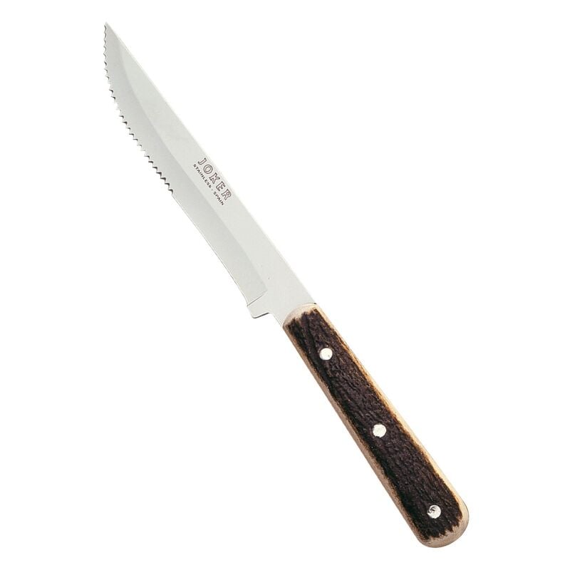 Pack de 6 couteaux à table Joker avec poignet en bois de cerf et lame 420 en acier avec scie de 12,5 cm, 70 gr, JC00