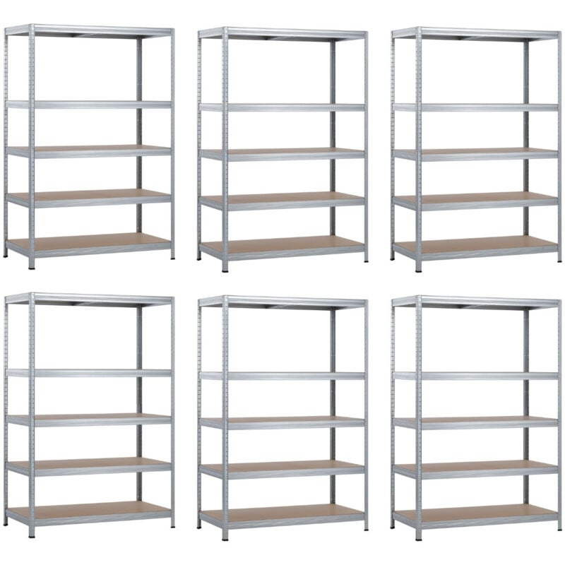 Pack de 6 étagères modulaires en métal avec 5 étagères 1250kg Silver 120x60x180cm 7house