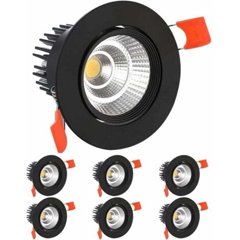 Pack de 6 focos LED empotrables, lámpara de techo empotrada COB, CA 220-240 V, blanco frío 6000 K, ángulo ajustable 30°, IP44, corte 70-80 mm, para salón, pasillo, baño y cocina (negro)