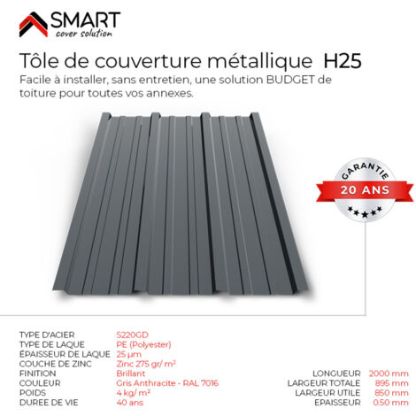PACK de 6 tôles de couverture H25 couleur gris anthracite RAL 7016 Dimensions Lxl: 2000mm x 890mm epaisseur 0,5mm