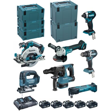 Pack de 7 máquinas de 18V - Taladro DDF484 + destornillador DTD154 + amoladora DGA506 + sierra DHS680 + perforadora DHR243 + cortadora DTM51 + sierra DJV182 - MAKITA - con 5 baterías 18V 5Ah + 2 carga