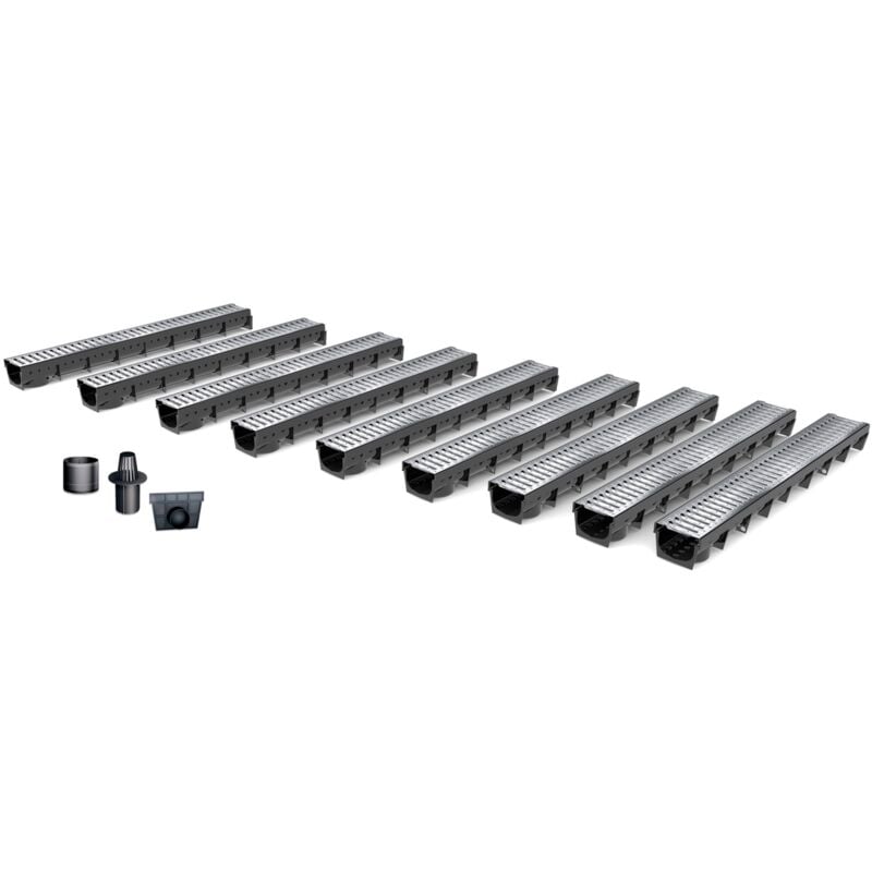 MEA - Pack de 9 : Caniveau Extérieur avec Grille passerelle en Acier galvanisé A15 park - Caniveaux pour Terrasse, Jardin - Largeur Utile 10cm